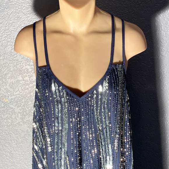 ANGIE - NWT - dress: grey lined mini, mesh overlay & beads / sequins, straps - L - Picture 3 of 16